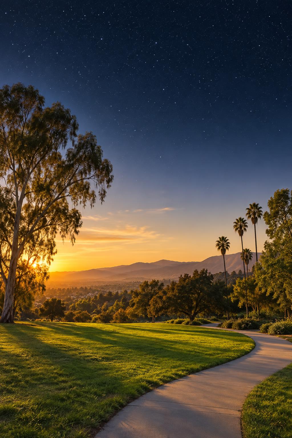 Evening sky with constellations fading into a sunlit Southern California park